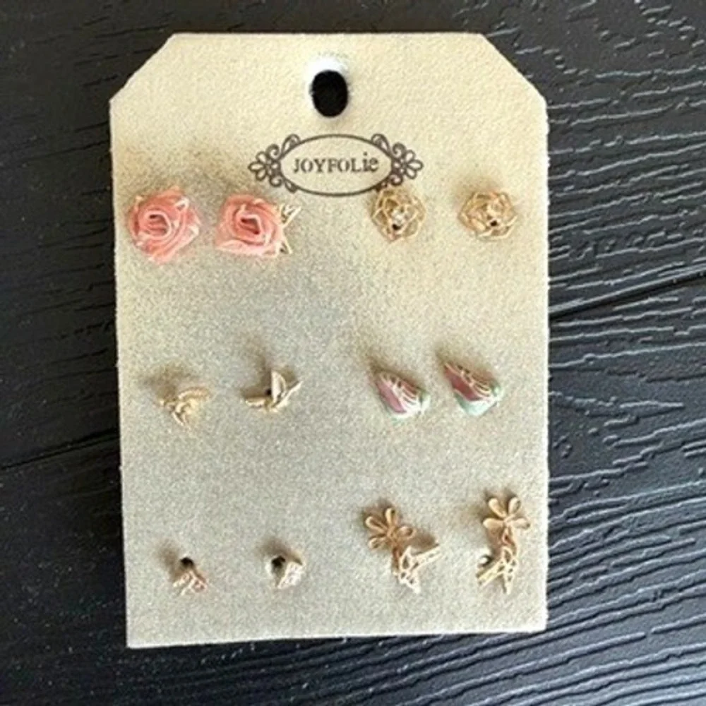 Joyfolie Take Flight Stud Earring Set Sand Gold 6 Pairs Floral Bird Rose NEW